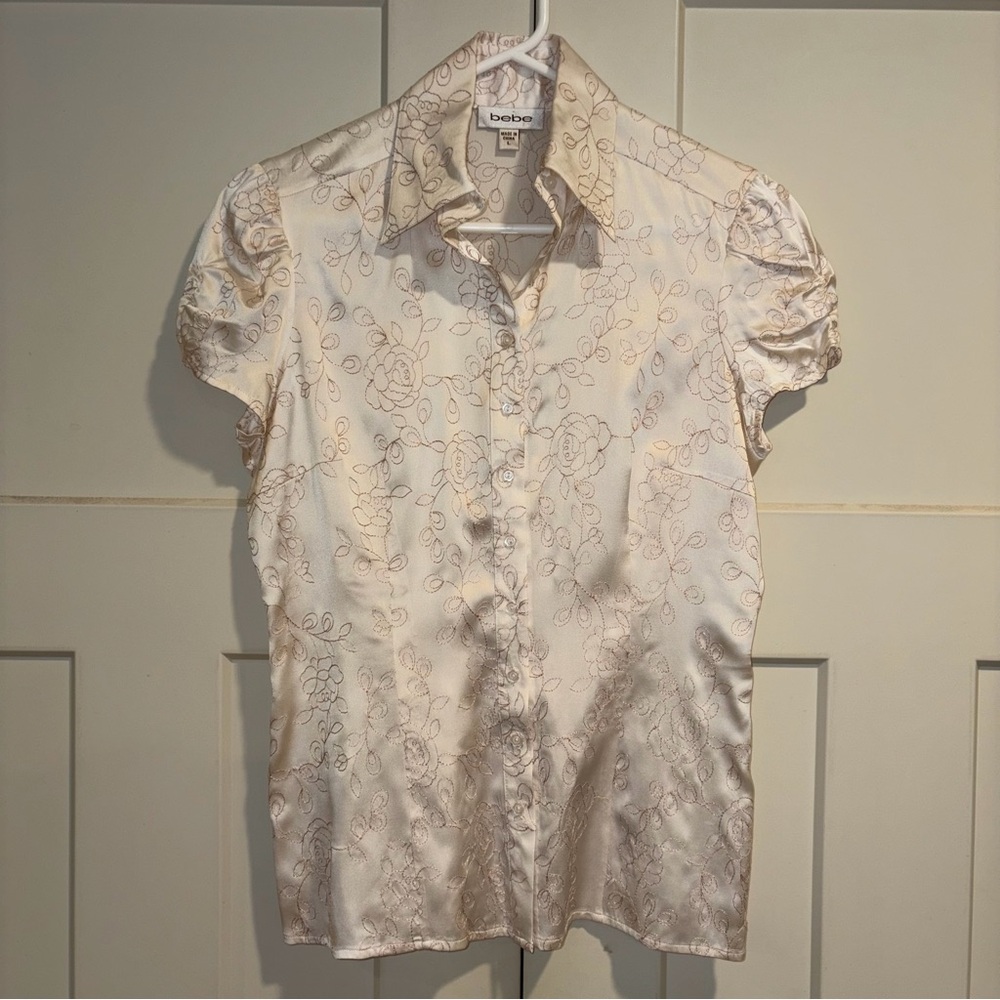 Bebe Cream Stretch Silk Satin Embroidered Floral Blouse